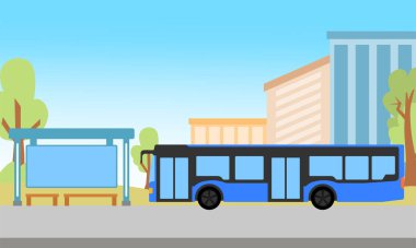 Şehir ön bahçesi otobüs ve otobüs durağı, düz tasarım arkaplan illüstrasyonu 2B yan görünümü
