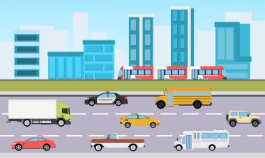 Bina manzaralı 2D trafik şehri, düz tasarım illüstrasyon arka planı, yan görünüş, daha fazla araba ve tren