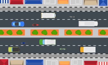 Üst görünüm Trafik ve bina şehir ve üst görünüm trafik manzarası arka plan, düz stil tasarım illüstrasyon
