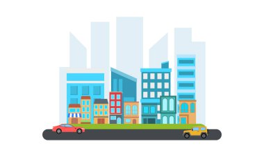 Kentte trafik ışığı ve kenar manzaralı düz stil tasarım illüstrasyon trafiği, düz stil tasarım illüstrasyonu