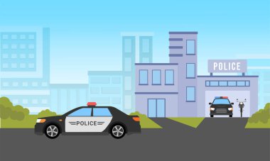 Polis merkezinden ayrılan polis arabası şehir manzarası arka planı, düz stil tasarım illüstrasyonu