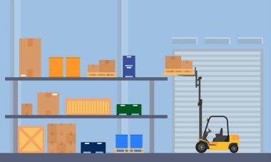 Karton ve forklift nesneleri ile depo içi Düz tasarım arkaplanı