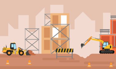Construction concept with excavator, truck dumb and roller dumb, industry scene with heavy vehicles Flat design style landscape background