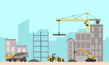 Construction concept with excavator, truck dumb and roller dumb, industry scene with heavy vehicles Flat design style landscape background