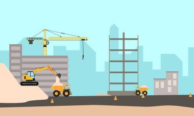 Construction concept with excavator, truck dumb and roller dumb, industry scene with heavy vehicles Flat design style landscape background