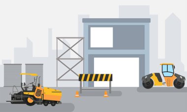 Construction concept with excavator, truck dumb and roller dumb, industry scene with heavy vehicles Flat design style landscape background