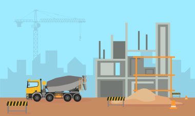 Construction concept with excavator, truck dumb and roller dumb, industry scene with heavy vehicles Flat design style landscape background