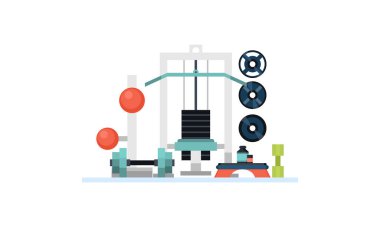 Spor salonu düz stil. Kettlebell ve delme, çanta, klavye ve vücut geliştirme, vektör çizim
