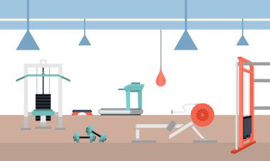 Spor spor salonu iç egzersiz ekipman kopya alanı düz vektör çizim
