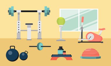 Spor spor salonu iç egzersiz ekipman kopya alanı düz vektör çizim