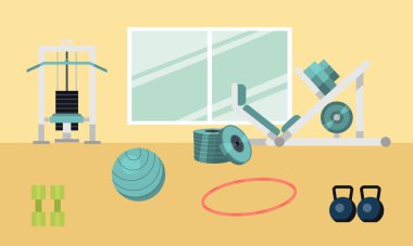 Spor spor salonu iç egzersiz ekipman kopya alanı düz vektör çizim