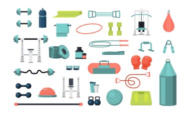 Çeşitli renkli spor aletleri vektör grafik çizimleri. Spor eğitim aletleri koleksiyonu, dambıllar, ip atlama, aerobik top, beyaz arka planda yalıtılmış halat.