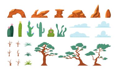 Çöl kaktüsü karınca kayaları. Çizgi film devekuşu, kum taşları ve sulu, egzotik manzara elementleri. Vektör izole edildi. Sert kayalıklar, açık havada çıplak ağaçlar yapraklı bitkiler, sıcak iklim