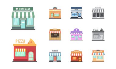 Modern fast food restoran ve dükkan binalar, cepheler, vitrin düz simgeler butikleri saklayın. Dış pazar ve Restoran, illüstrasyon dış cephe bina depolamak