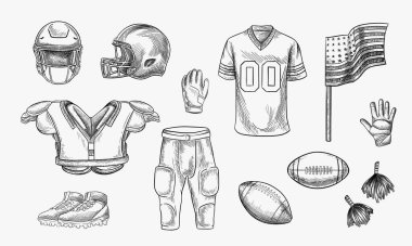 Amerikan futbol ekipmanları. Vektör el çizimi çizimi çizimi. Top, kask, üniforma tişörtü ve koruyucu giysi simgeleri, beyaz arka planda izole edilmiş.