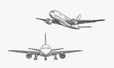 Gökyüzü bulutlarında uçan uçak, vektör çizimi çizimi. Uçak seyahati, turizm uçuşu, uçak biletleri el yapımı münferit tasarım öğeleri.