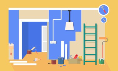 Yenileme daire düz tasarım. Ev, yeni iç odasında. Vektör çizim