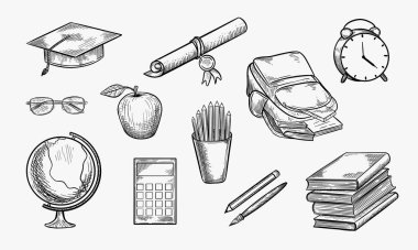 Okul malzemeleri hazır. Elle çizilmiş taslak vektör çizimi. Sırt çantası, kitaplar, hesap makinesi, mezuniyet şapkası, diploma, dünya karalama simgeleri. Eğitim tasarım unsurları, beyaz arkaplanda izole