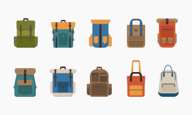 Seyahat etmek, yürüyüş yapmak, kamp yapmak için renkli çantalar. Turist sırt çantası. Klasik bir uyku tulumlu yürüyüş çantası. Kamp ve yürüyüş çantası. Vektör illüstrasyonu