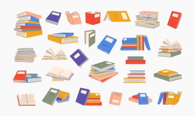 Stacks of books for reading, pile of textbooks for education. Set of literature, dictionaries, encyclopedias, planners with bookmarks. Colored flat vector illustration isolated on white background