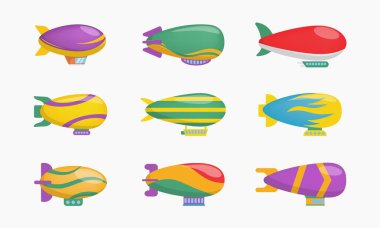 Renkli yolcu gemileri koleksiyon yapıyor, parlak renkli puro şekilli balonlar çizgili retro zeplin, mekanik uçan zeplin, turizm için dev balonlar, vektör karikatür çizimleri..