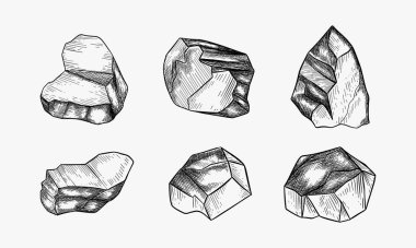 Değişik şekilli taşların vektör çizimi. Değerli taşlar, kristaller, değerli taşlar. Klasik el çizimi biçimi.