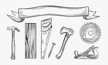Bir ağaç işleme vektör çizim nesneleri kümesi: el testeresi, dairesel ağız, tahta levha, tahta, ağaç bölümü, planer aracı, çekiç, balta, çapraz çivi. Marangozluk elinde çizilmiş vintage tarzı oyma araçları