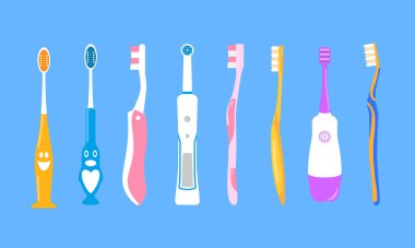 Beyaz arkaplanda izole edilmiş renkli diş fırçası koleksiyonu vektör çizimi, diş fırçası temizleme araçları hijyen, el fırçası ve elektrikli diş fırçası için simge seti, çocuklar için diş hekimi.