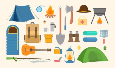 Kamp malzemeleri sembolleri, simgeler ve elementler. Çadır, şapka, dürbün, kamp ateşi, dağlar, kamera, çanta, gitar, olta, pusula ile yaz yürüyüşü koleksiyonu. Ögeleri arttır.