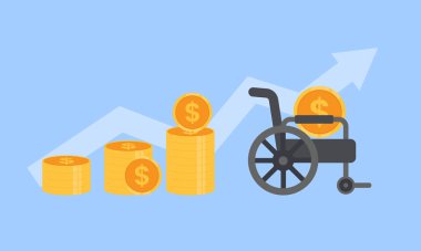 Tasarruf kavramı büyüyor. Delikanlı kavanoza bozuk para koyuyor para biriktirmek için adım adım gelişiyor. Vektör illüstrasyon düz tasarım biçimi.