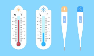 Isı ve soğuk kış sıcaklığını ölçmek için vektör santigrat ve fahrenhayt meteoroloji termometreleri. Termometre simgesi düz bir şekilde. Ölçüm için sıcaklık ölçeği hava durumu veya ilaç.