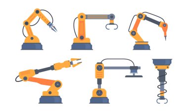 Robotik kol imalatı teknoloji endüstrisi montaj mekanik düz dekoratif ikonlar izole vektör illüstrasyonunu ayarladı
