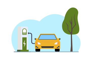 Kırmızı bir elektrikli araba şarj şarj istasyonu düz vektör Illustration. Electromobility e-motion kavramı.
