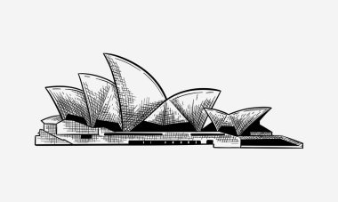 Beyaz arka planda izole edilmiş Sydney Opera binasının el çizimi siyah çizgisi çizimi