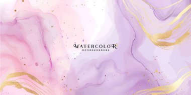 Kırmızı pembe suluboya sıvı vektör boyama kartı. Tozlu gül ve altın mermer jeot çerçevesi. Bahar düğünü davetiyesi. Yaprak ya da peçe dokusu. Su sıçratma stili.