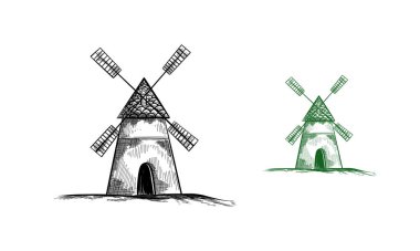 Eski fırın ve ekmek dükkanının logosu rozet amblemi. Fırın logosu, fırın için yel değirmeni amblemi. Vektör illüstrasyonu