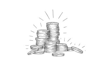 Bir yığın bozuk para. Para için. El çizimi vektör illüstrasyonu.