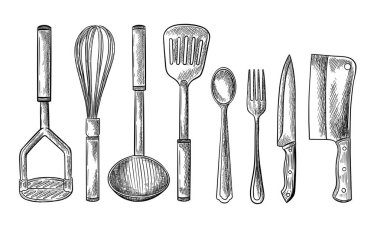 Mutfak aletleri. Yemek pişirme konsepti. Restoran veya restoran menüsü için klasik çizim