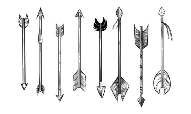 Beyaz arkaplanda izole edilmiş Hint okları. Robot resim şeklinde elle çizilmiş vektör çizimi. Tişört ya da dövme için tasarım ögeleri.