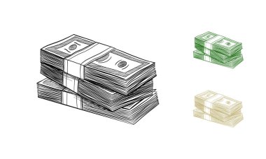Yığınla para. Dolar banknotları. El çizimi vektör çizimi. İzole edilmiş.