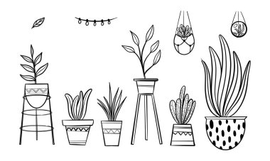 Ev dekorasyonu ve ev bitkileri vektör çizim seti ver. Ev dekorasyon ve iç tasarım öğeleri. İzole boho ve İskandinav karikatür çizimler
