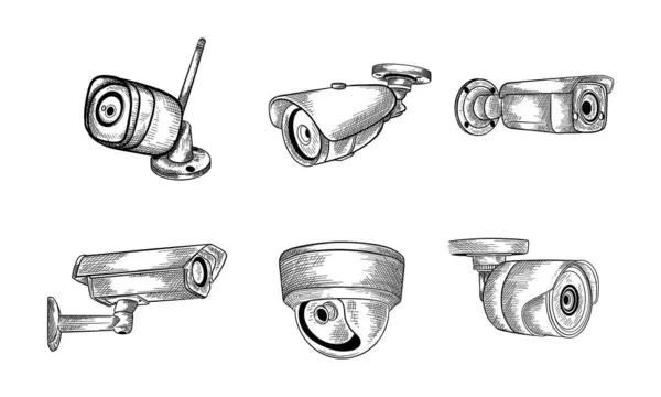 Handgezeichnete Doodle Überwachungskameras Set Vektorillustration Isolierte Elemente Auf Weißem Hintergrund Vektorgrafiken