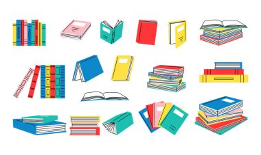 Biraz daha kitap oku. Kitapseverlere göre ayarlandı. Çeşitli kitaplar, yığınla kitap, defterler. Elle çizilmiş eğitici vektör çizimi. Düz dizayn. Çizgi film tarzı. Her şey izole.