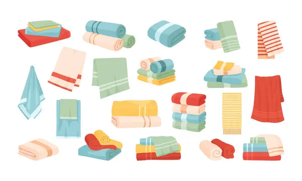Handtücher Für Badezimmer Vektor Illustrationsset Cartoon Textilkollektion Mit Hand Gesichts lizenzfreie Stockillustrationen