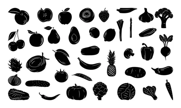 Ручные Овощи Фрукты Ягоды Векторный Набор Силуэтов Рисует Пищу Изолированно Лицензионные Стоковые Иллюстрации