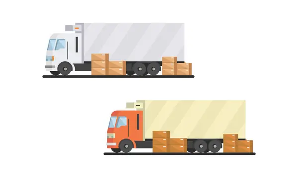 Descarregar Carregar Camiões Entrega Carga Exportação Importação Transporte Logístico Ilustração Vetor De Stock