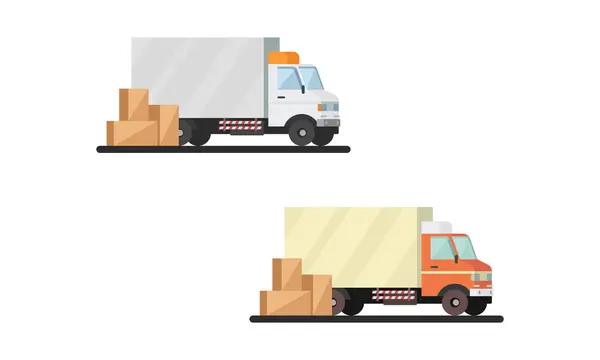 Descarregar Carregar Camiões Entrega Carga Exportação Importação Transporte Logístico Ilustração Ilustração De Stock