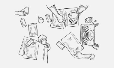 El çizilmiş kroki insan ofiste. Üstten Görünüm.