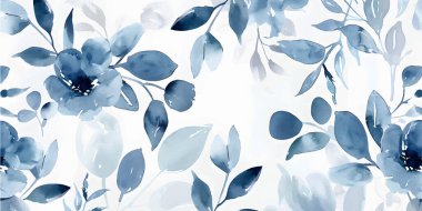 Örneksel vektör arka planında soyut botanik. Mavi çiçekli, yapraklı, suluboya desenli duvar kağıdı tasarımı. Kumaş, baskı ve kapak için uygun vektör illüstrasyonu