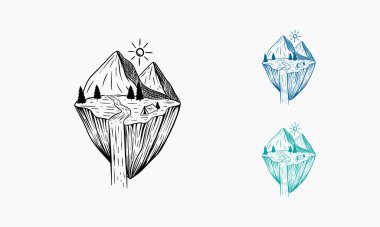 Dağ ve şelale vektör illüstrasyonu